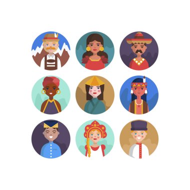 Çok Kültürlü Ulusal Avatar Kadın ve Erkek Kullanıcı İllüstrasyonları Farklı milletler İnsanlar farklı avatarlar.