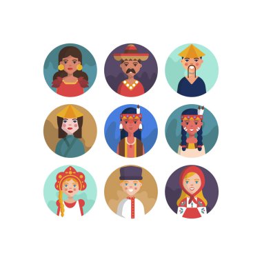 Çok Kültürlü Ulusal Avatar Kadın ve Erkek Kullanıcı İllüstrasyonları Farklı milletler İnsanlar farklı avatarlar.