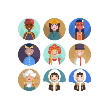 Çok Kültürlü Ulusal Avatar Kadın ve Erkek Kullanıcı İllüstrasyonları Farklı milletler İnsanlar farklı avatarlar.