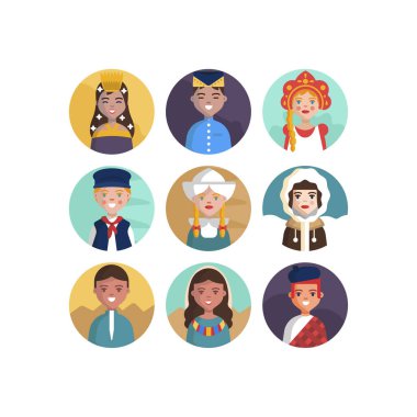 Çok Kültürlü Ulusal Avatar Kadın ve Erkek Kullanıcı İllüstrasyonları Farklı milletler İnsanlar farklı avatarlar.