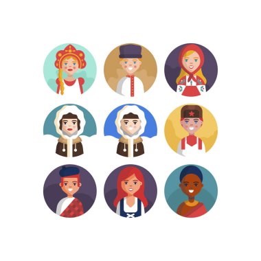 Çok Kültürlü Ulusal Avatar Kadın ve Erkek Kullanıcı İllüstrasyonları Farklı milletler İnsanlar farklı avatarlar.