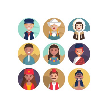 Çok Kültürlü Ulusal Avatar Kadın ve Erkek Kullanıcı İllüstrasyonları Farklı milletler İnsanlar farklı avatarlar.