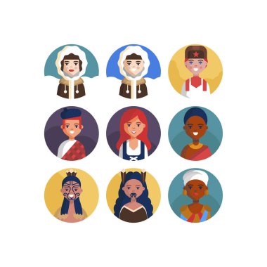 Çok Kültürlü Ulusal Avatar Kadın ve Erkek Kullanıcı İllüstrasyonları Farklı milletler İnsanlar farklı avatarlar.