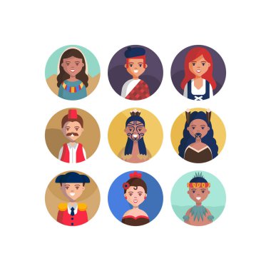 Çok Kültürlü Ulusal Avatar Kadın ve Erkek Kullanıcı İllüstrasyonları Farklı milletler İnsanlar farklı avatarlar.