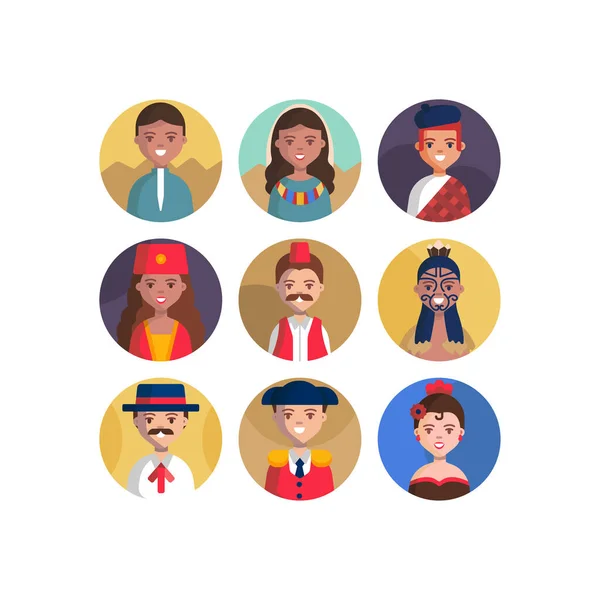 Çok Kültürlü Ulusal Avatar Kadın ve Erkek Kullanıcı İllüstrasyonları Farklı milletler İnsanlar farklı avatarlar.