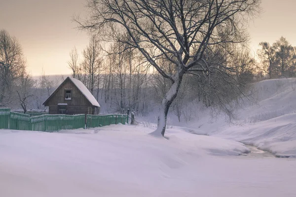 Casa invernale e albero sul fiume ghiacciato la mattina in Russia — Foto Stock