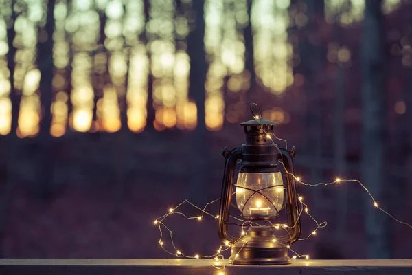 Vintage magic lantern med lampor på natten forest — Stockfoto