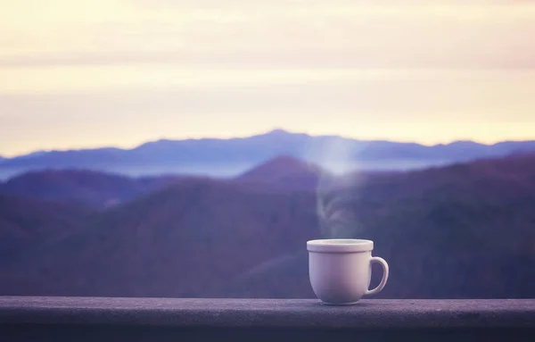 Morning coffe cup with alpine mountain view — Stock Photo, Image