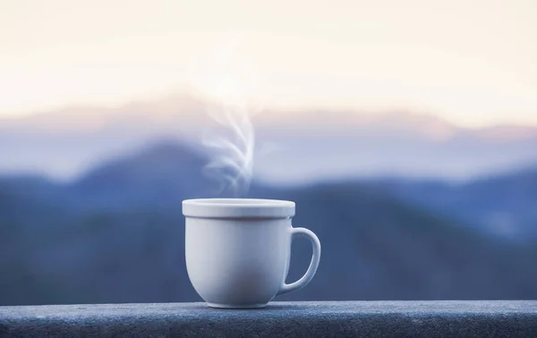 Morning coffee cup with alpine mountain view — Stock Photo, Image