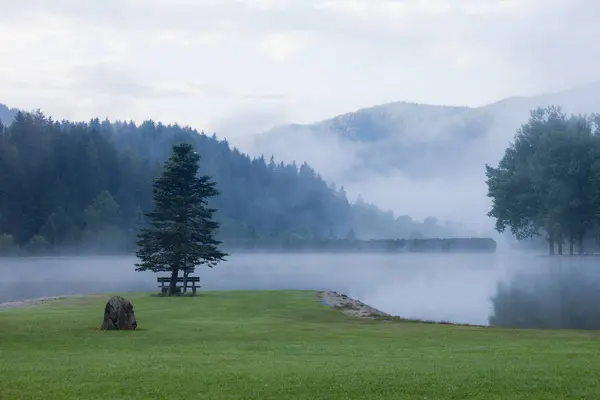 Mlhavé ráno horské jezero — Stock fotografie