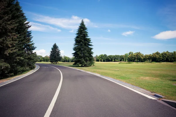 Estrada de Ashalt no parque verde moderno da cidade — Fotografia de Stock