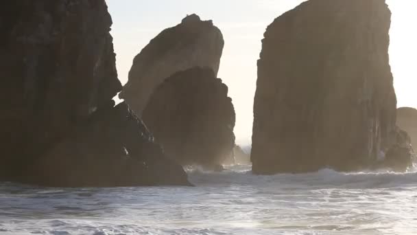 Océan grosses vagues s'écrasant côte rocheuse — Video