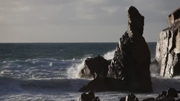 Duże fale oceanu skaliste wybrzeże upaść — Wideo stockowe