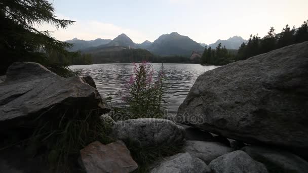 Lago alpino de montaña por la mañana — Vídeo de stock