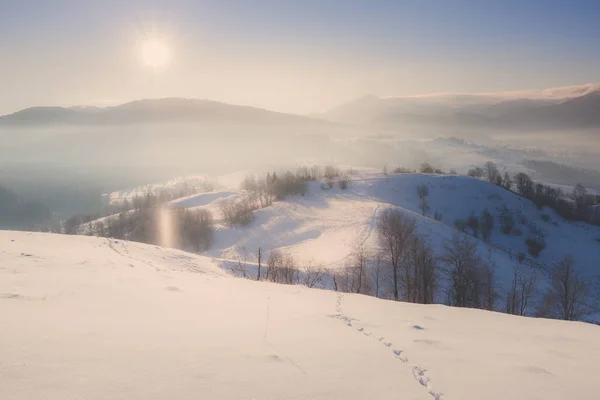 Winter Berg schneebedeckt ländlichen Sonnenaufgang Landschaft — Stockfoto