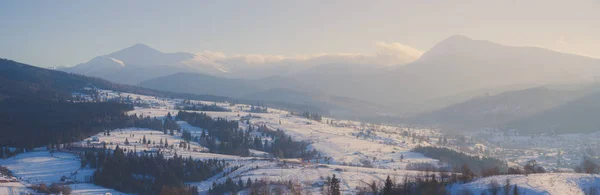 Winter mountain snowy rural sunrise panorama landscape — Stock Photo, Image