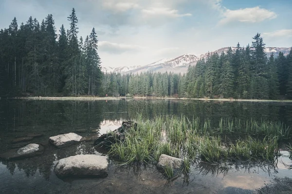 Foto de estilo vintage de lago de montaña brumoso —  Fotos de Stock