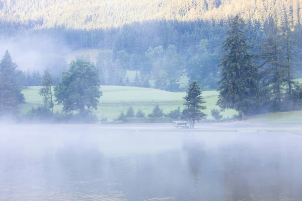 Sjön vid Dimmig morgon dimmiga vädret — Stockfoto