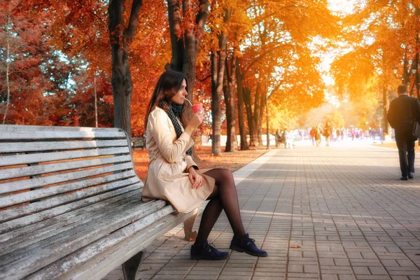 Menina bonita moendo café no banco no parque de outono da cidade — Fotografia de Stock