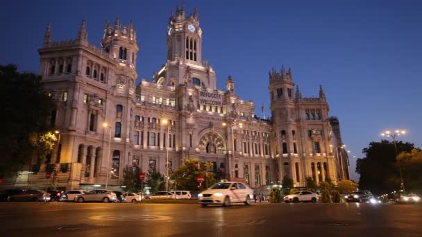 Plaza Cibeles Νύχτα Μαδρίτη Ισπανία — Αρχείο Βίντεο