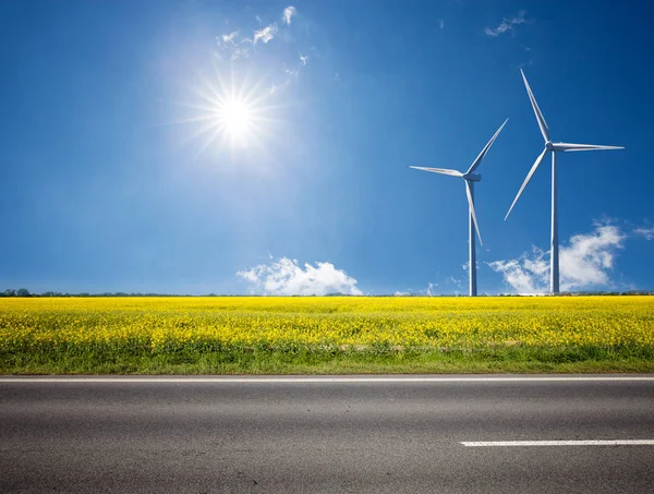 Camino de asfalto entre el campo soleado de verano con energía eólica electr —  Fotos de Stock