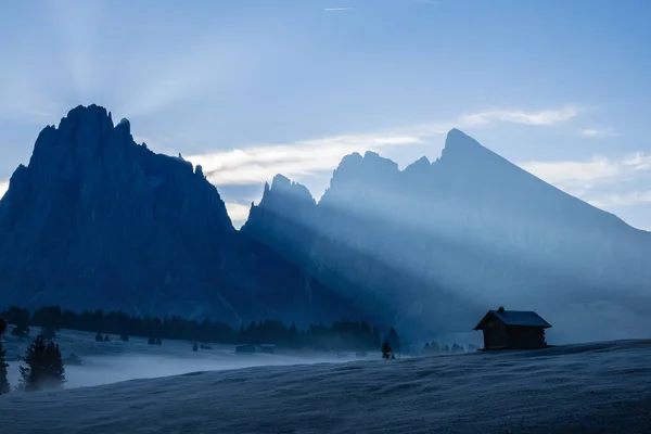 Nádherná alpská krajina na podzim mlhavé ráno. Seiser Alm, Alpe di Siusi s horou Langkofel při východu slunce, Alto Adige, Jižní Tyrolsko, Itálie, Evropa. — Stock fotografie