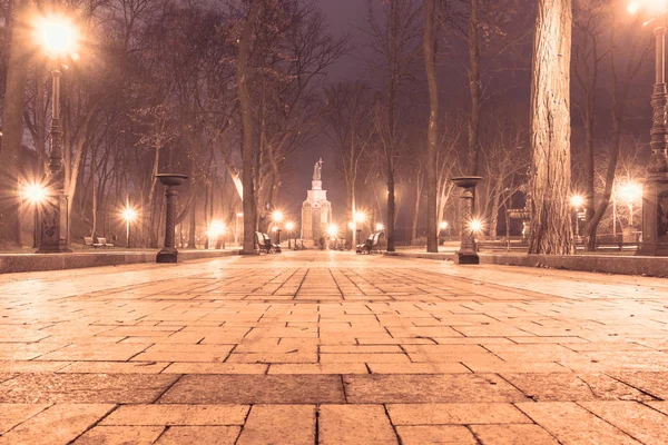 Alley az esti ködös Park, égő lámpák, fákkal és padokkal. Éjszakai város őszi park — Stock Fotó