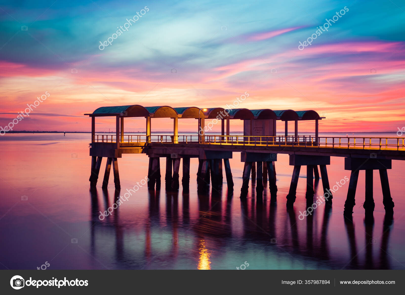 Beautiful Ocean Dramatic Sunset Fishing Pier Jekyll Island Coastal