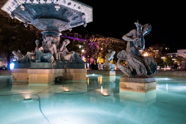 Rossio Square Fountain Night Lisbon Portugal — Stock Photo, Image