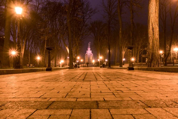 Night City Park Wooden Benches Street Lights Park Alley — Stock Photo, Image