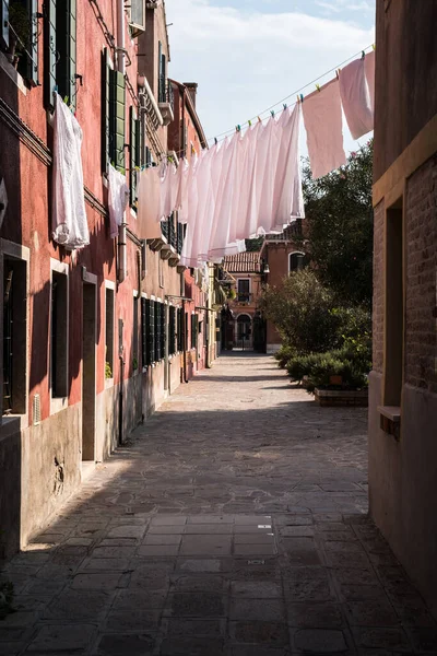 洗濯乾燥ヴェネツィア イタリアの通りのオープンウィンドウの近くのロープ — ストック写真