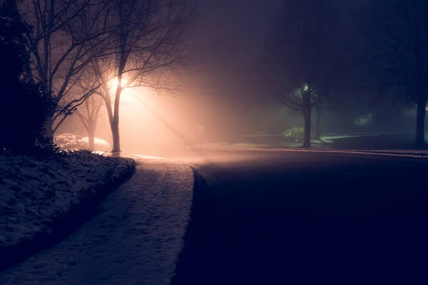 Luzes Rua Nevoeiro Nebuloso Noite Lâmpada Poste Lanternas Cidade Vazia — Fotografia de Stock