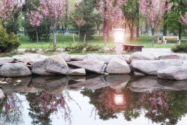 Krásný Japonský Zelený Park Rybníkem Letním Čase — Stock fotografie