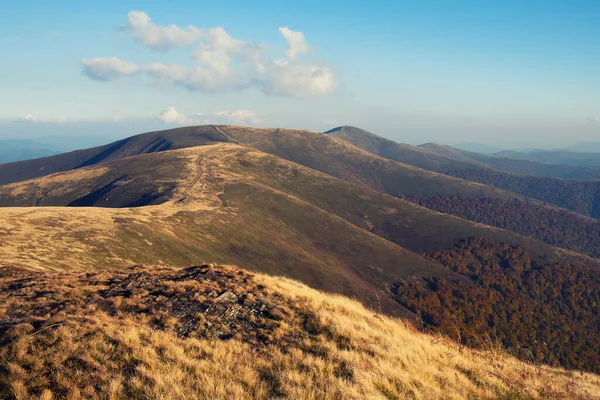 Panorama Pohledu Kopce Kouřového Pohoří Pokryté Bílou Mlhou Opadavým Lesem — Stock fotografie