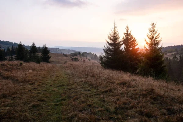 Prachtige Herfst Landelijke Landschap Met Bergen Bomen Verbazingwekkende Kleuren Hemel Stockfoto