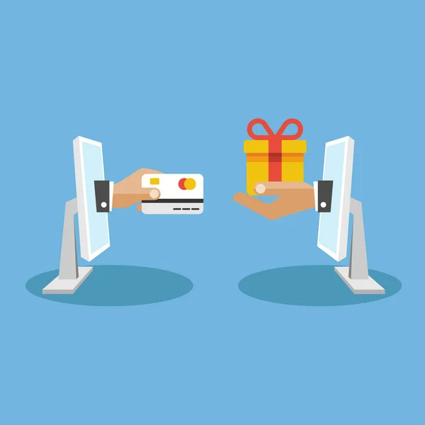 Alıcı ve satıcı düz ve modern bir tarzda kredi kartlarını kullanarak Internet üzerinden çevrimiçi hareketten