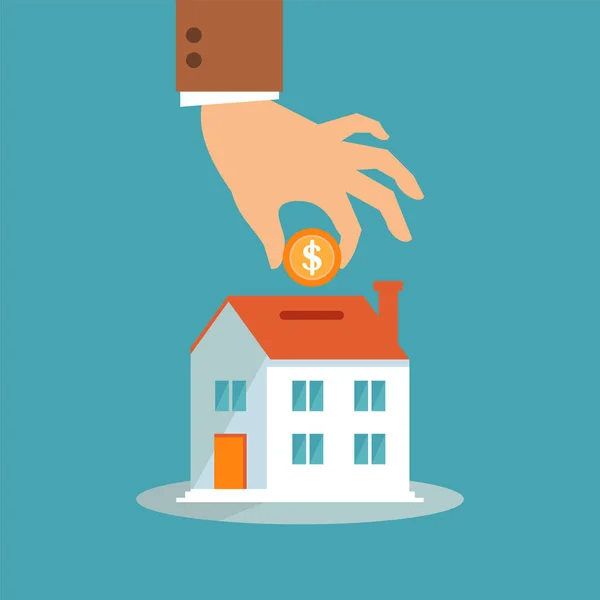 Illustration Vektor Von Menschen Die Langfristige Eigenheiminvestitionen Mit Münzen Einem — Stockvektor