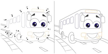 Bus.Numbers çocuklar için oyun. nokta-nokta eğitim çocuk oyunu (cevap). boyama sayfası. 