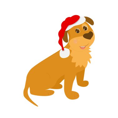 Noel köpek vektör çizim. Noel Baba şapkalı oturma köpek yavrusu. 