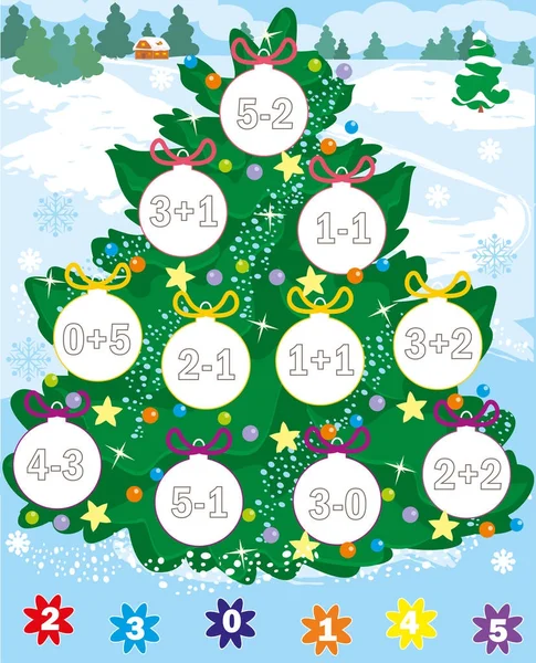 Árbol de año nuevo. juego de navidad. cuenta y color. nivel simple. sobre fondo de invierno . — Archivo Imágenes Vectoriales