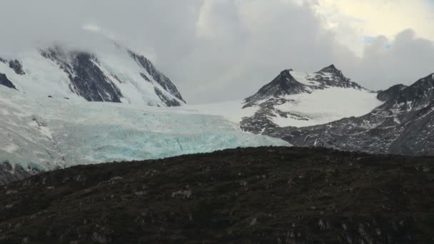 Vögel fliegen vor blauem Gletscher — Stockvideo