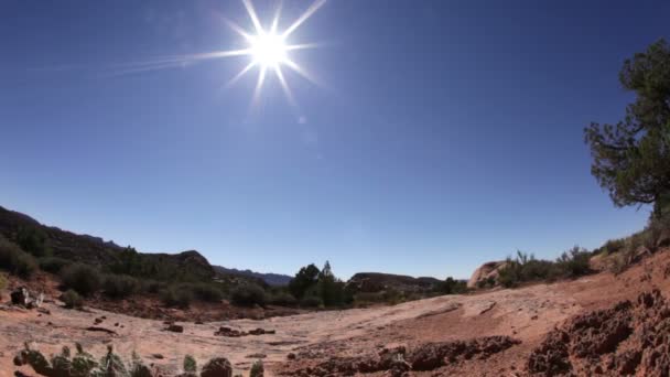 사막 풍경 fisheye에 타오르는 태양 — 비디오