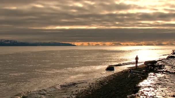 Vacker promenad på sunset beach — Stockvideo