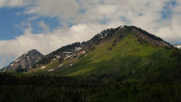 Nuvens inchadas brancas rolam sobre a exuberante montanha verde — Vídeo de Stock