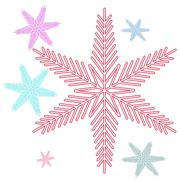 Zes Veelkleurige Felle Bonte Kerstmis Nieuwjaar Sneeuwvlokken Vectorillustratie — Stockvector