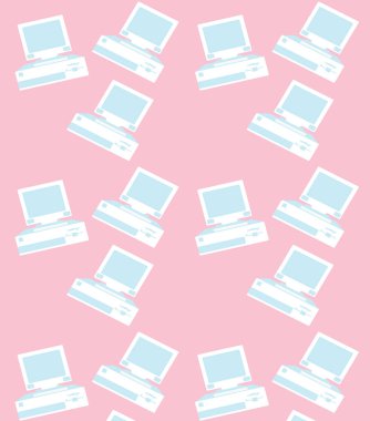 Mavi ve beyaz, yaşlı, vintage, retro, yenilikçi bilgisayar desen dışbükey monitörler ve disket üzerinde pembe bir arka plan ile yan döndü. Vektör çizim.