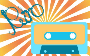 Eski, vintage, retro, yenilikçi, antika, mavi ve sarı ses kaset üzerinden 80 's, 90 's retro bir ışık karşı bir yazıt ile sarı ışınları. Vektör çizim.
