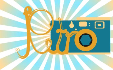 Mavi, eski, retro, vintage, antika, yenilikçi kamera mavi ışınları bir arka plan güzel bir retro yazıt ile. Vektör çizim.