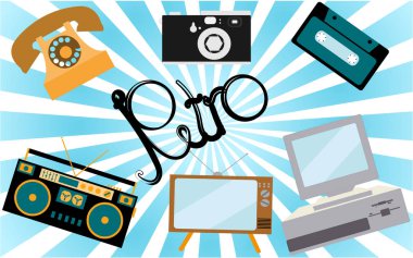 Retro elektronik, teknoloji kümesi. Eski, vintage, retro, yenilikçi, antika kadar zorlarım Tv, bilgisayar ile yumuşak ve sarkık yuvarlak yüzey, kamera, kaset ses kayıt cihazı, telefon ses kaset. Vektör çizim.