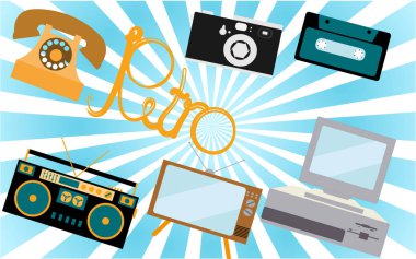 Retro elektronik, teknoloji kümesi. Eski, vintage, retro, yenilikçi, antika kadar zorlarım Tv, bilgisayar ile yumuşak ve sarkık yuvarlak yüzey, kamera, kaset ses kayıt cihazı, telefon ses kaset. Vektör çizim.